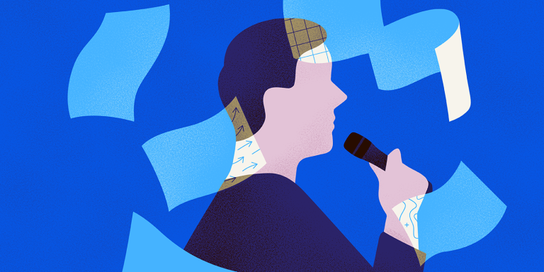 Illustration homme tenant un micro sur fond bleu