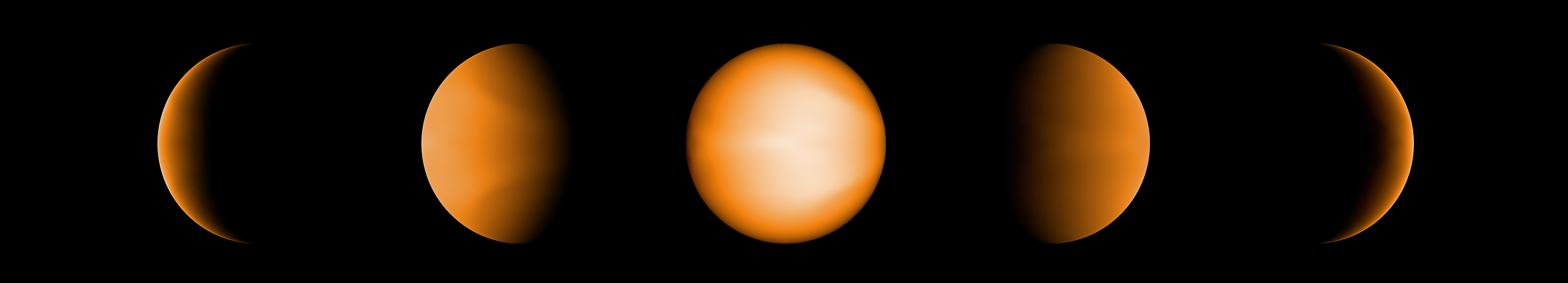 Les différentes phases d'un Jupiter extrêmement chaud tel que le verrait l’œil humain (couleur orangée)