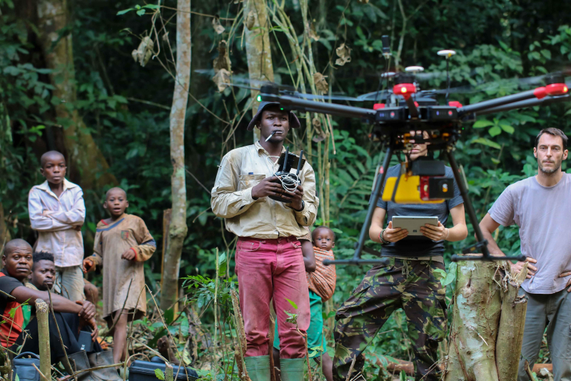 A drone prepares to take off to study a forest in the Congo
