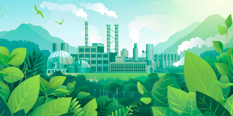 Illustration montrant une usine en arrière plan, et la nature au premier plan